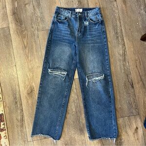 Free People Distressed Jeans High Rise Wide Leg Raw Hem Baggy Y2K Denim
